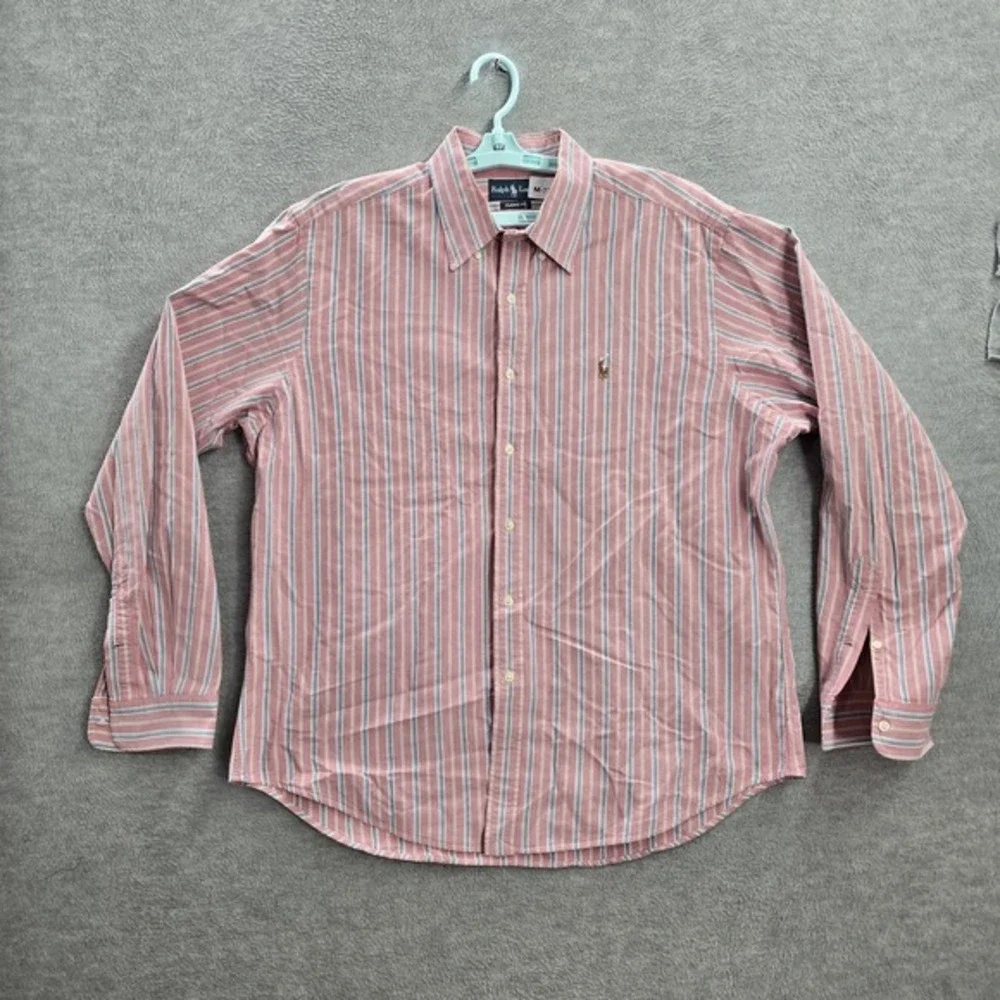 VINTAGE Ralph Lauren Men Button Up Shirt M Red Striped Logo Embroidered Collar‎
